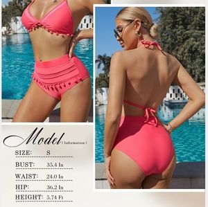 Bdcoco High Waist 2 Piece Bikini Set Halter Straps Tassel Swimsuit, Size Small